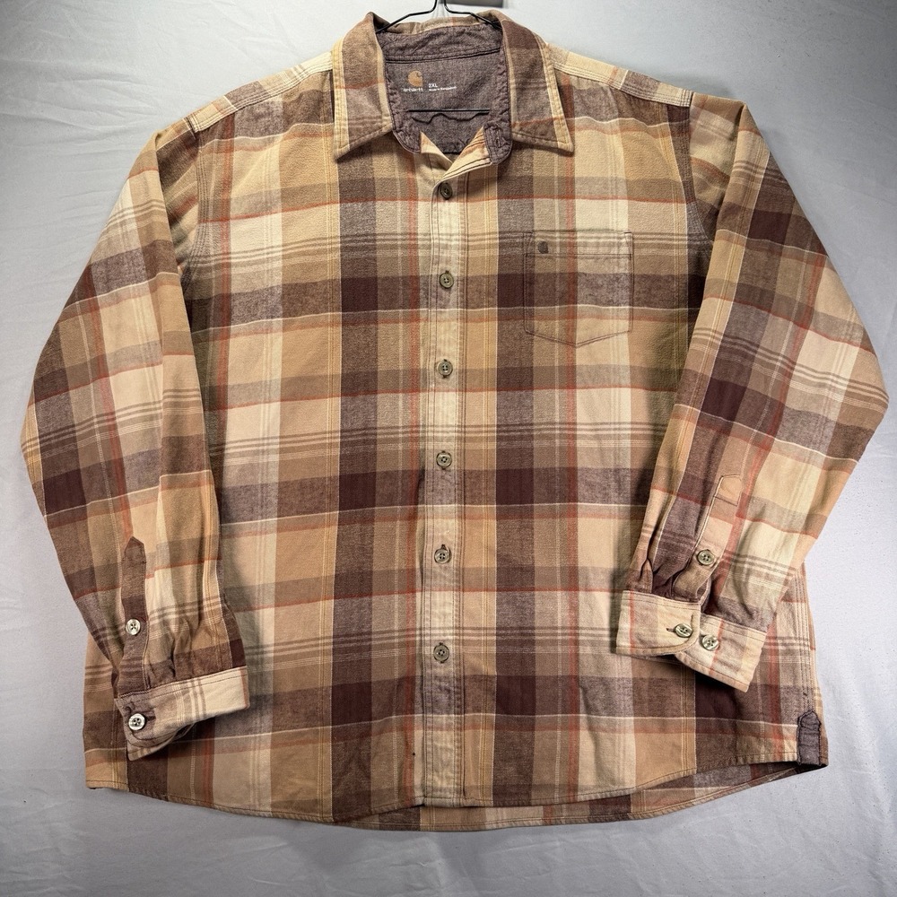 Carhartt Button Up Flannel Shirt Mens 2XL Brown Plaid Work Outdoors Hike Camp
